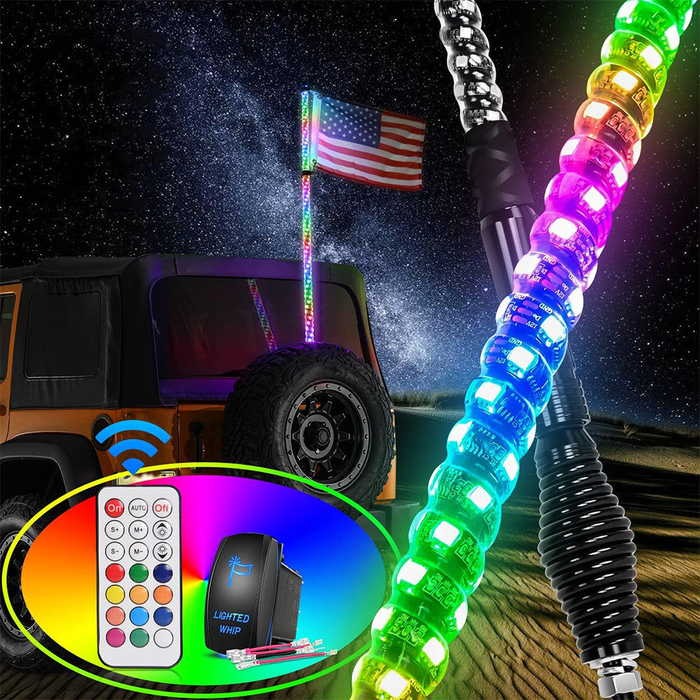 Jeep , Exterior Accessories 3FT Spiral RGB Led Whip Light Chasing Light RF Remote Control Lighted Antenna Whips for All Jeep Models