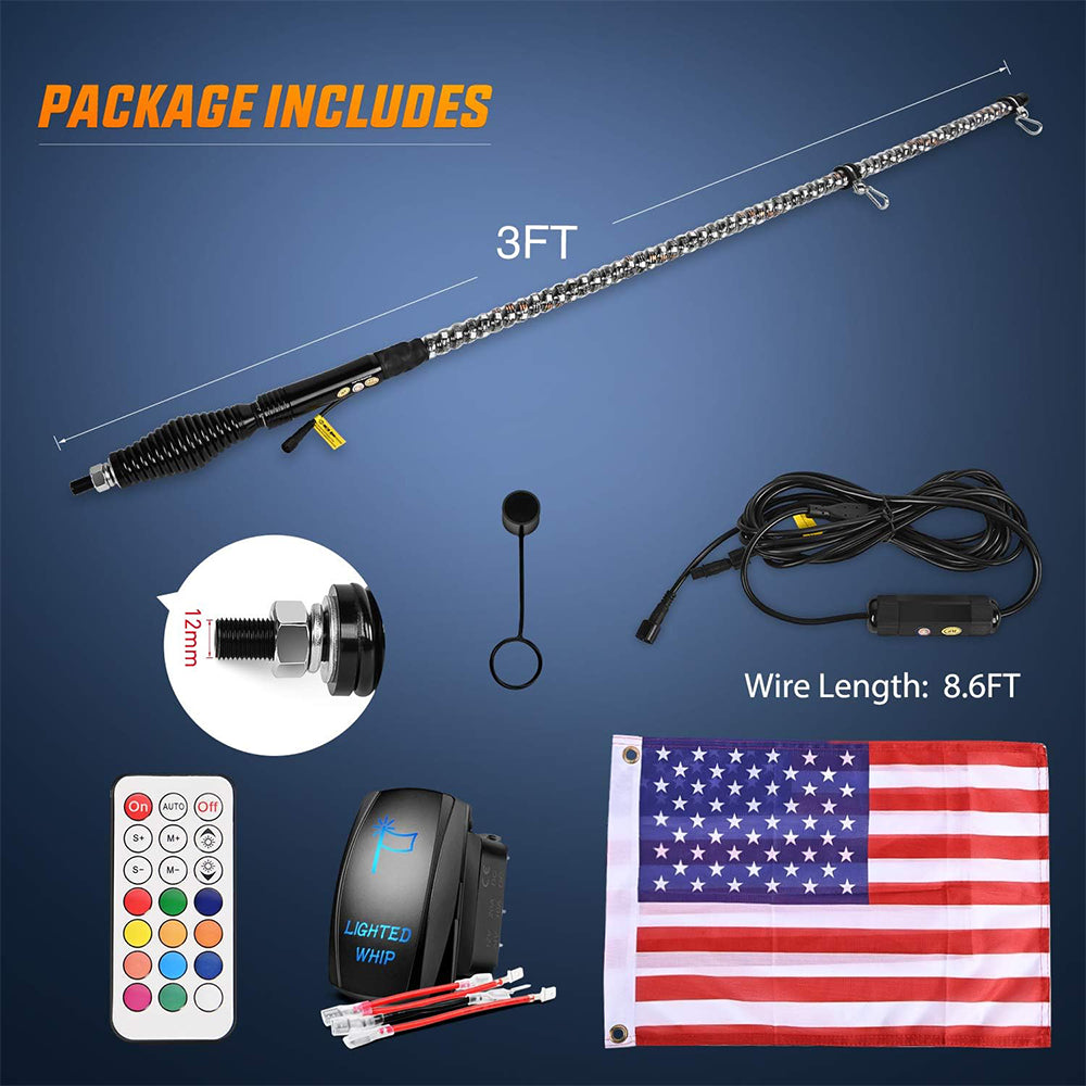 Jeep , Exterior Accessories 3FT Spiral RGB Led Whip Light Chasing Light RF Remote Control Lighted Antenna Whips for All Jeep Models